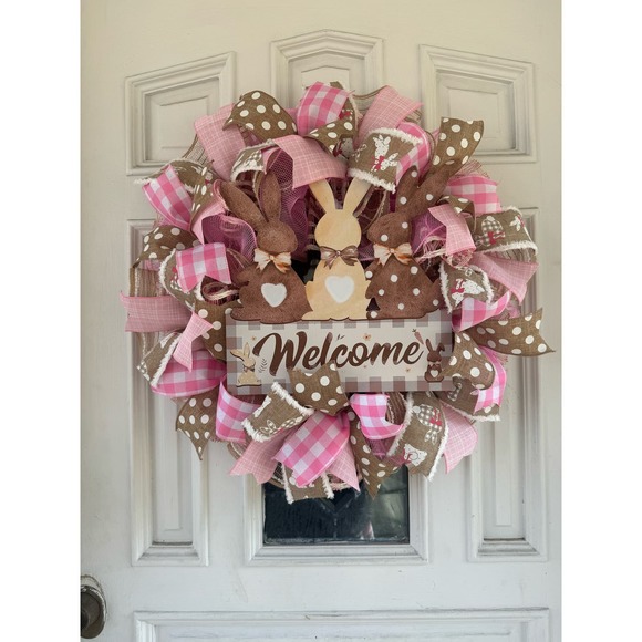 Beige Pink Welcome Easter Bunny Rabbit Mesh Ribbon Spring Wreath Door Hanger - Picture 1 of 7